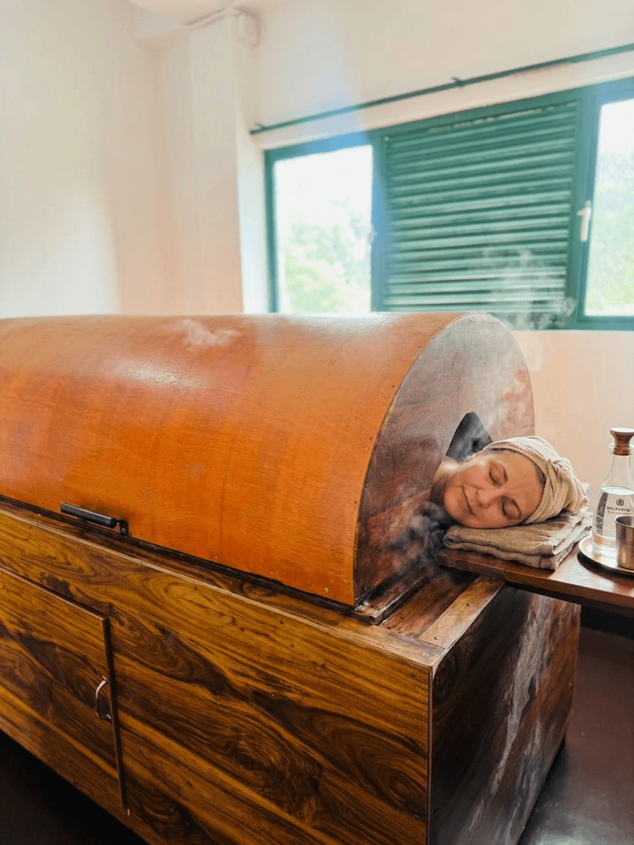 Guest enjoying the traditional herbal steam bath