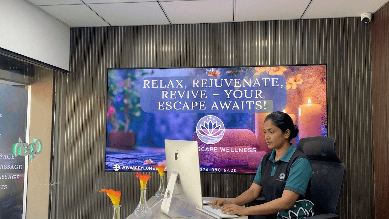 Reception desk with our welcome display
