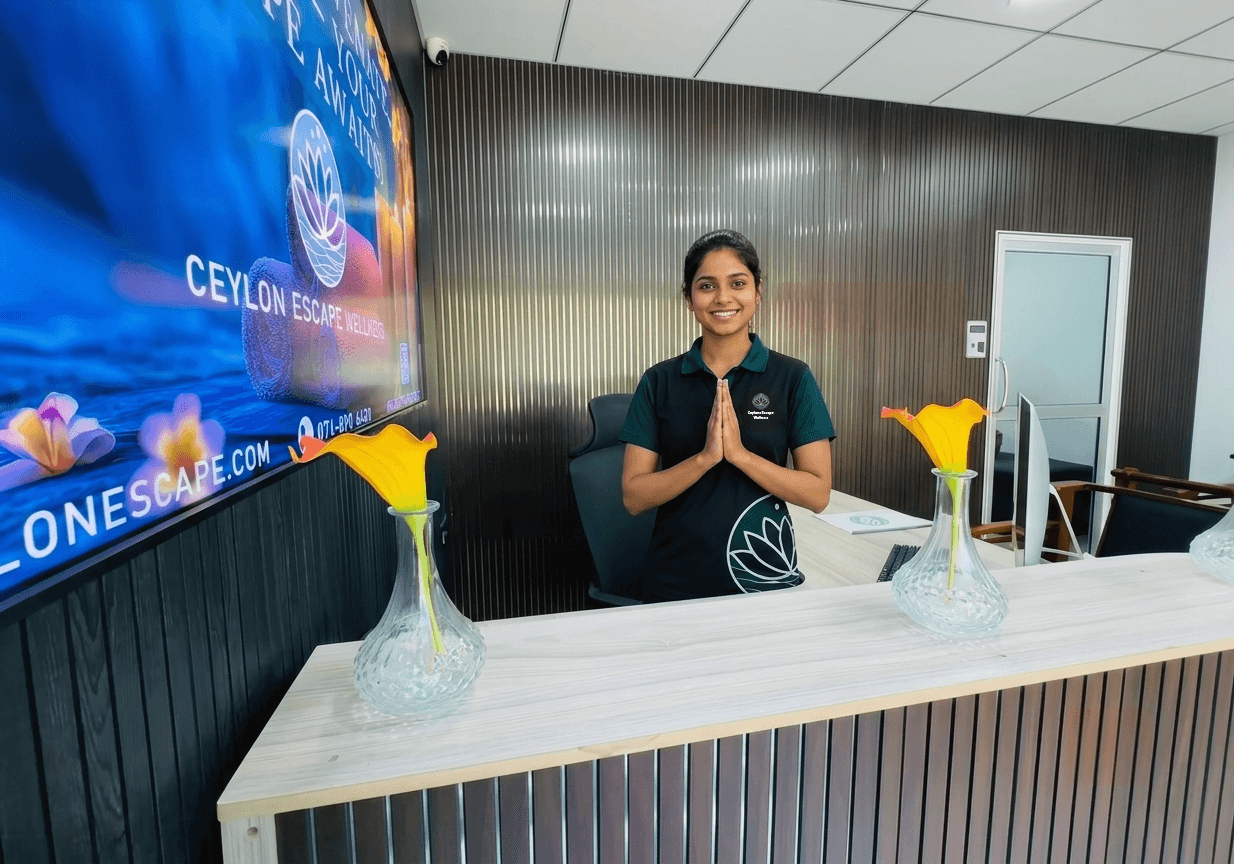 Warm Ayubowan welcome at the Ceylon Escape Wellness reception in Negombo