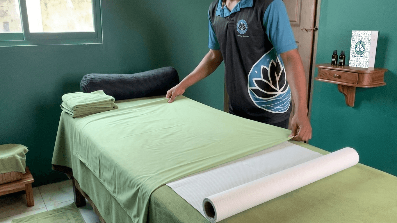 A therapist carefully preparing a treatment bed